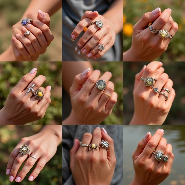 Colagem de mãos com combinações criativas de anéis delicados.