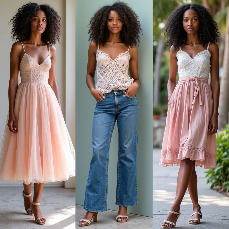 Colagem de mulheres diversas com looks inspirados no estilo coquette.