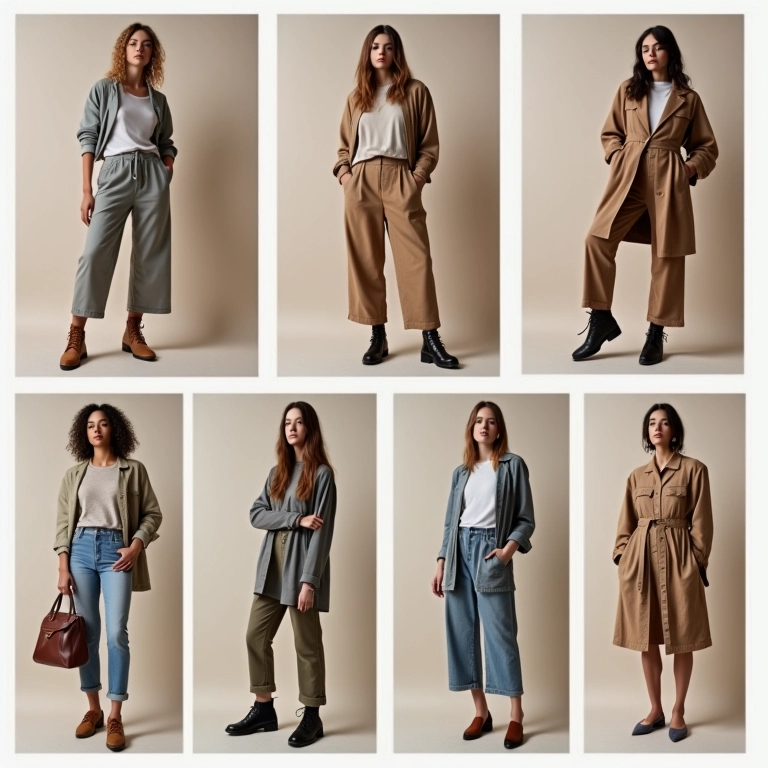 Colagem mostrando diversos estilos de roupas em estúdio chique