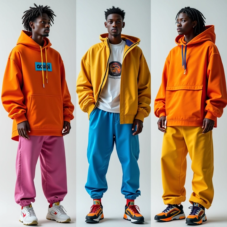 Colagem vibrante de moda Acubi com jaqueta oversized, calças largas, tênis chunky e acessórios divertidos.