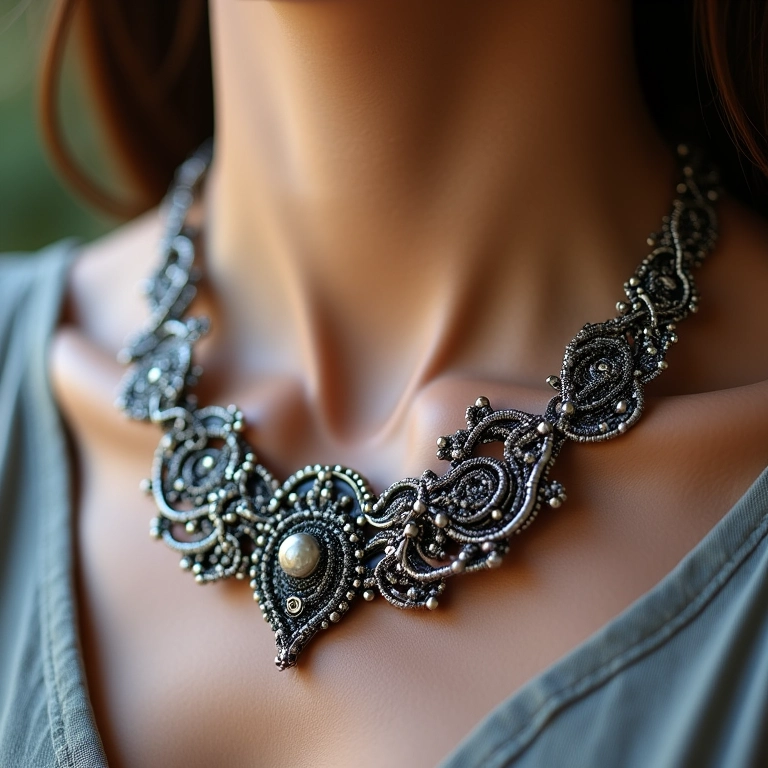 Colar escultural de arame com detalhes intrincados, close-up.