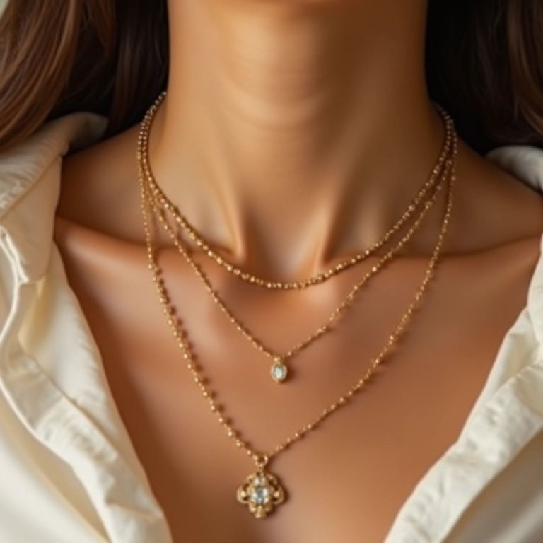Colares delicados de ouro em camadas no pescoço de uma mulher.