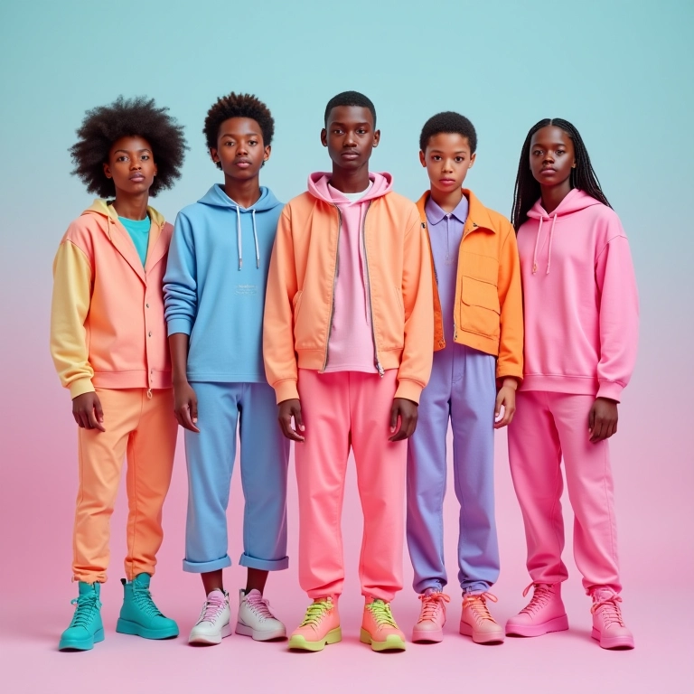 Coleção Acubi Fashion com cores pastel e neon, em estúdio.