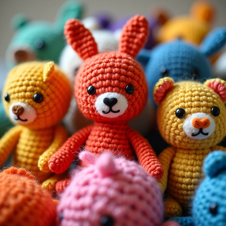 Coleção de amigurumis coloridos feitos com acrílico, mostrando a versatilidade e economia do material.
