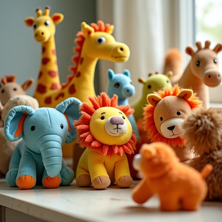 Coleção de bichinhos de pano divertidos, girafa, elefante e leão.