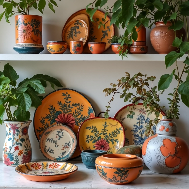 Coleção de objetos pintados com Bauernmalerei em uma prateleira em uma casa brasileira vibrante.