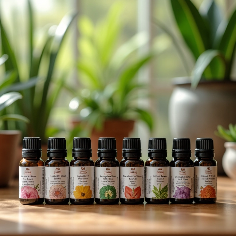 Coleção de óleos essenciais da Terra Flor dispostos sobre uma superfície de madeira.