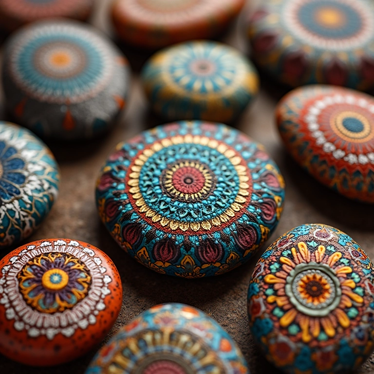 Coleção de pedras pintadas com intrincados desenhos de mandala.