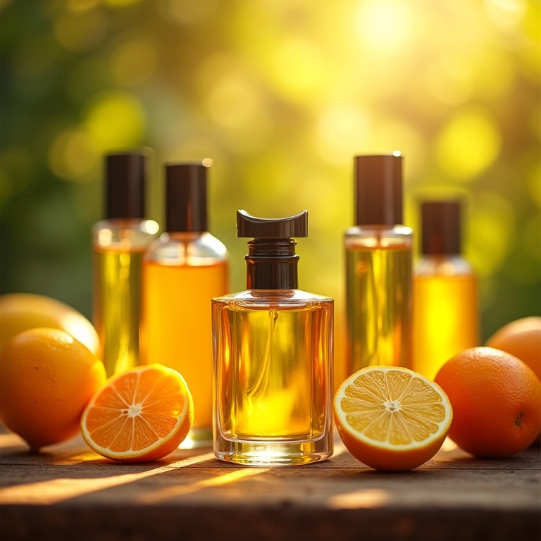 Coleção de perfumes cítricos masculinos em mesa de madeira.