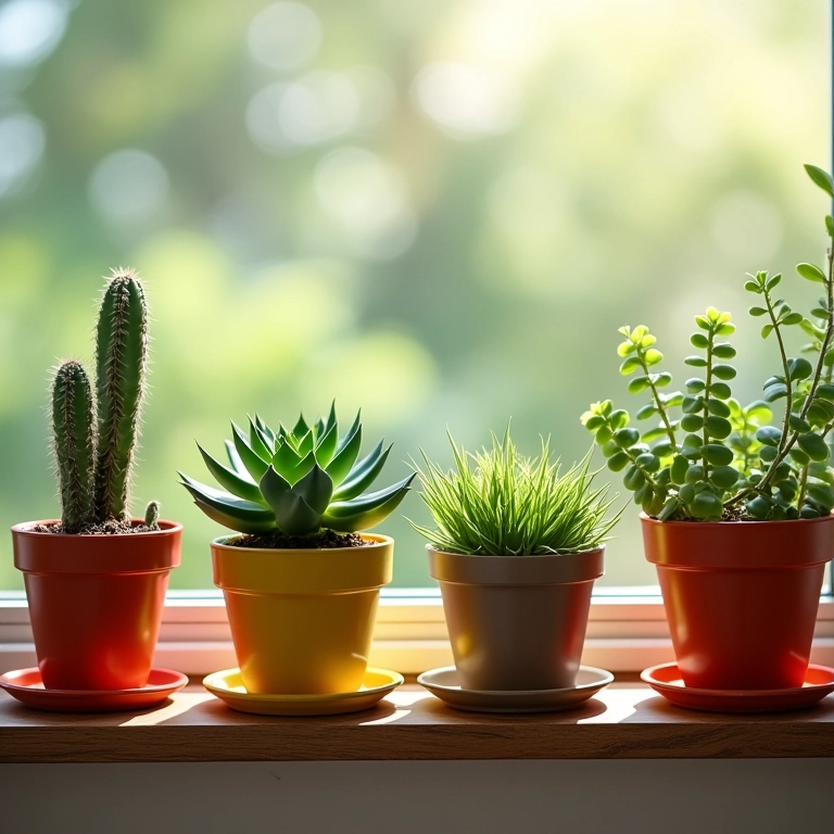 Coleção de suculentas em vasos coloridos em parapeito de janela.