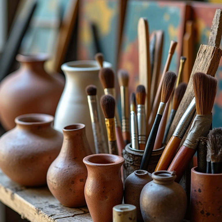 Coleção diversificada de ferramentas de arte, celebrando estilos e técnicas.