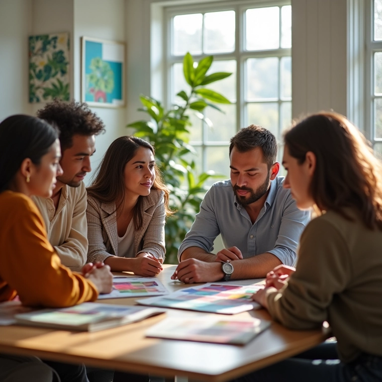 Colegas de trabalho discutindo paletas de cores em um espaço colaborativo.