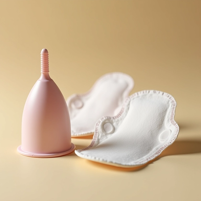 Coletor menstrual e absorventes de pano reutilizáveis.