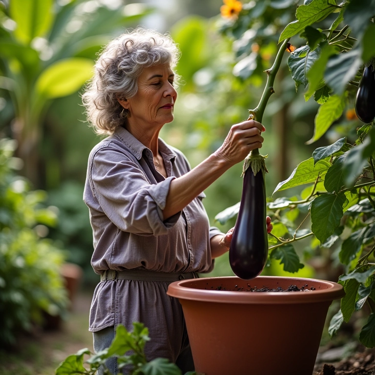 Colheita de berinjela madura em vaso grande, por mulher em jardim ensolarado.