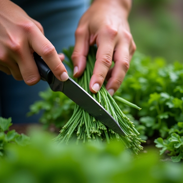 Colhendo cebolinha fresca com tesoura em casa.