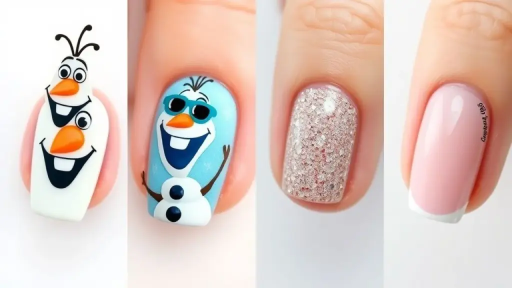 Collage of four different Olaf nail art designs: classic Olaf face, Olaf in summer with sunglasses, Inspirações criativas para unhas do Olaf: clássico, verão, glitter e francesinha.
