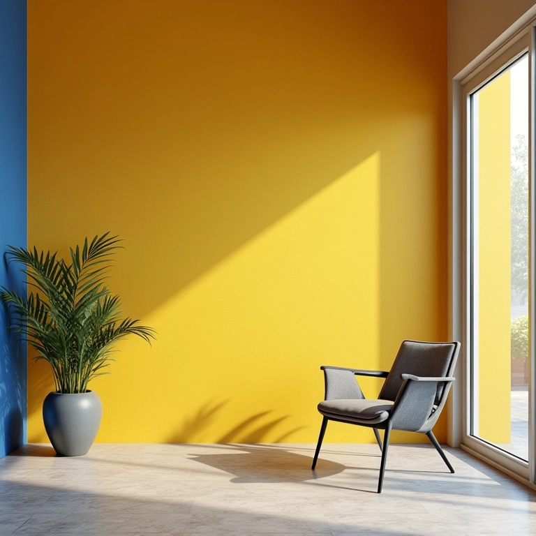Combinação de amarelo mostarda com azul e cinza em um design de interiores brasileiro.