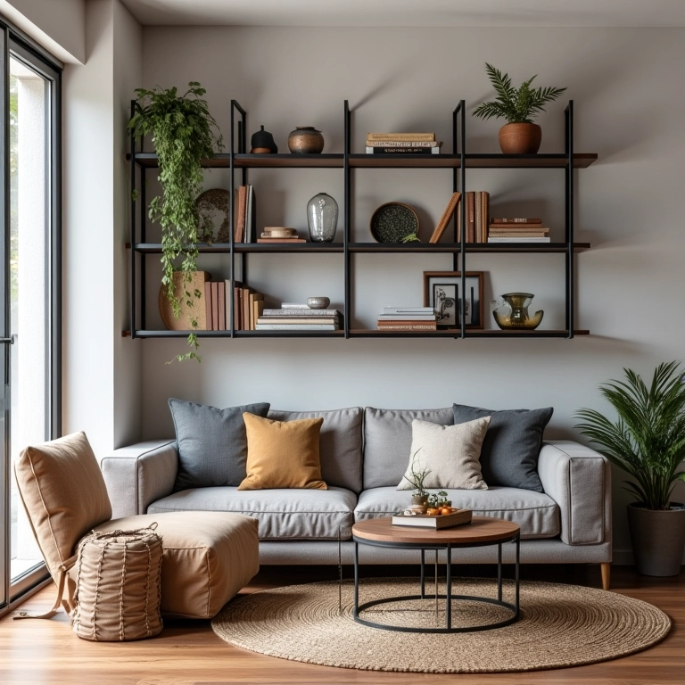 Como combinar a estante industrial com outros móveis da sala?