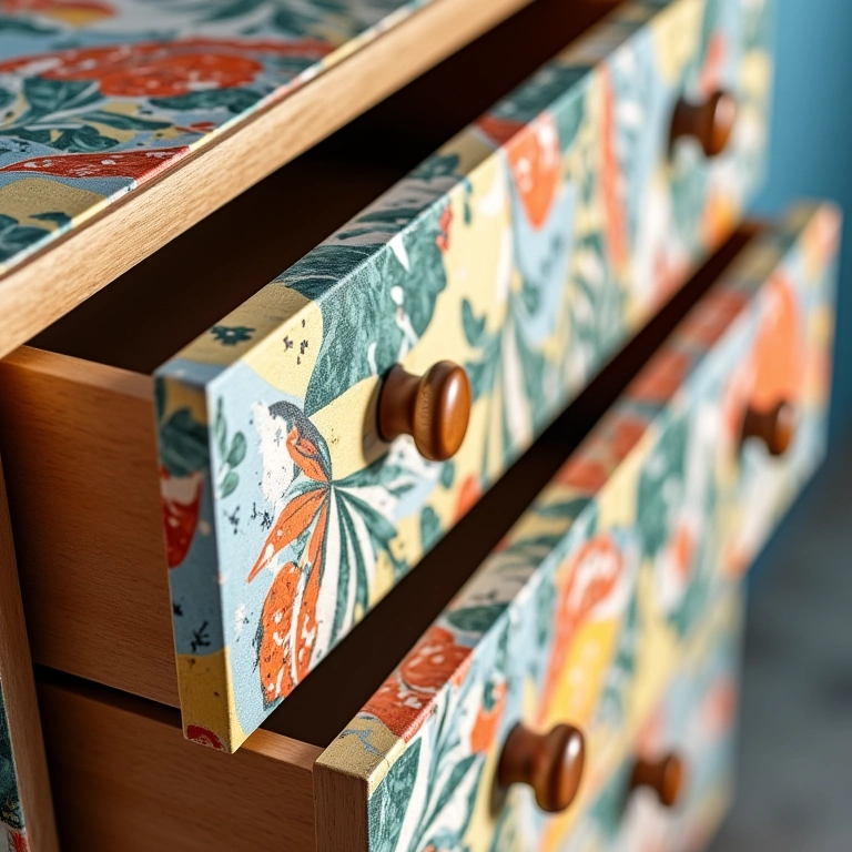 Cômoda com gavetas forradas com papel de parede colorido, revelando o design.