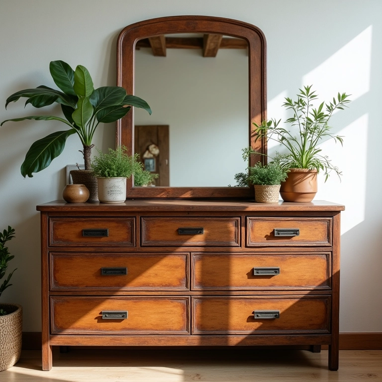 Cômoda de madeira vintage com espelho antigo e plantas.