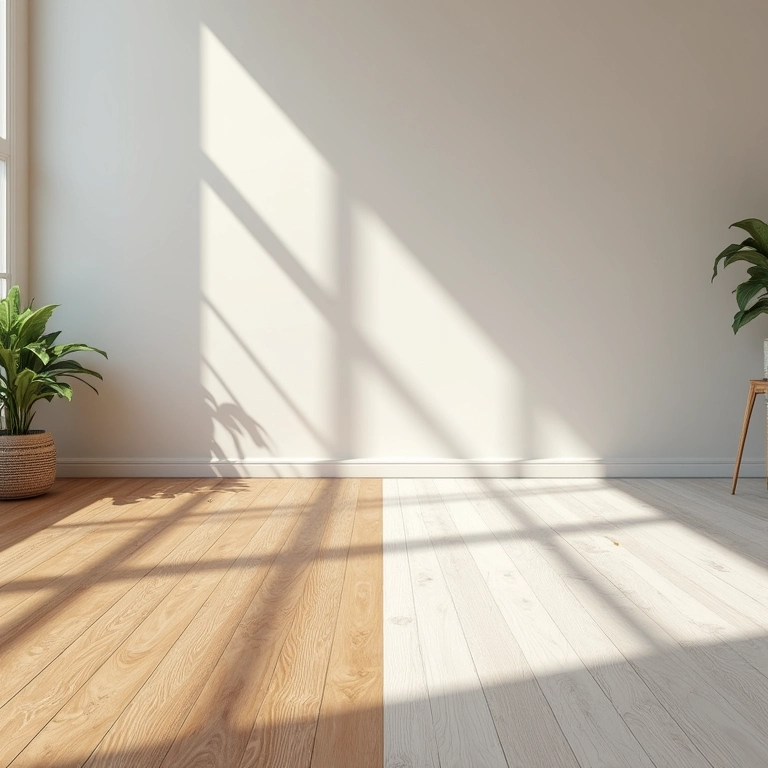 Comparação da durabilidade de pisos laminados (desgastado) e vinílicos (novo) em uma sala.