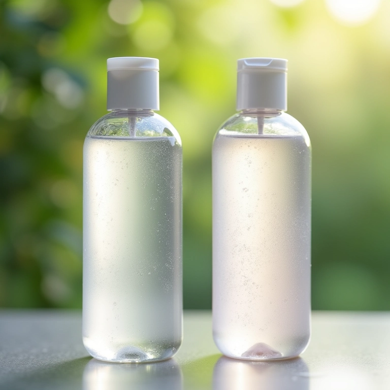 Comparação visual de shampoos transparentes e perolados, destacando suas texturas.