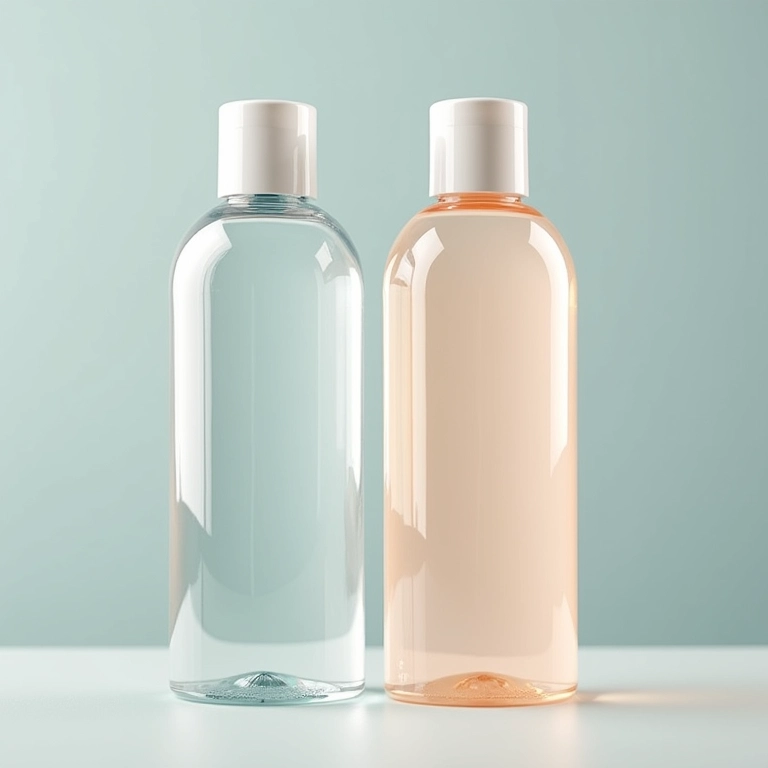 Comparação visual de shampoos transparentes e perolados.