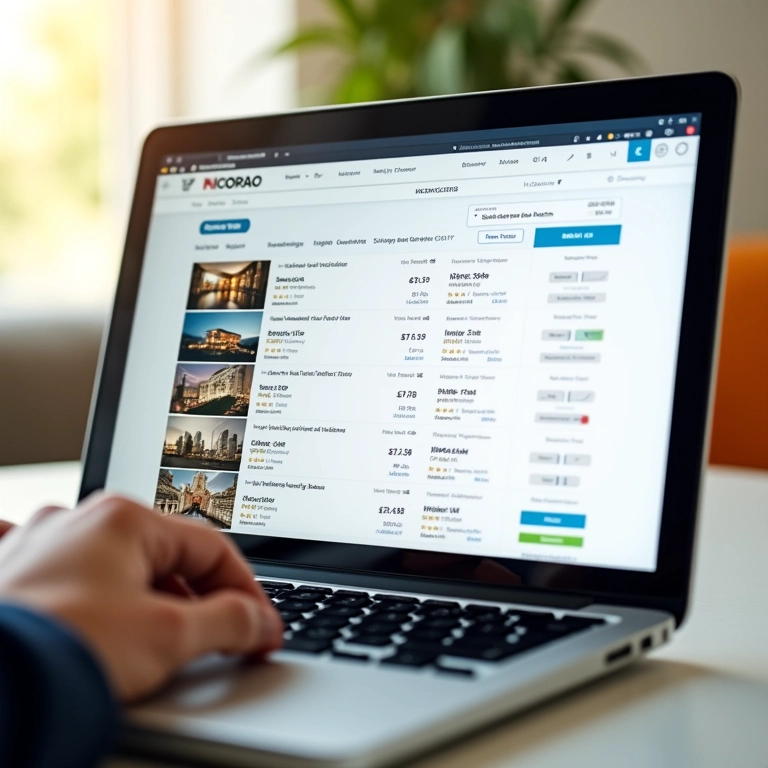 Comparador de preços de hotéis em tela de laptop.