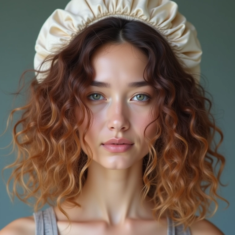 Comparativo: cabelo com frizz e cabelo alinhado com touca de cetim.