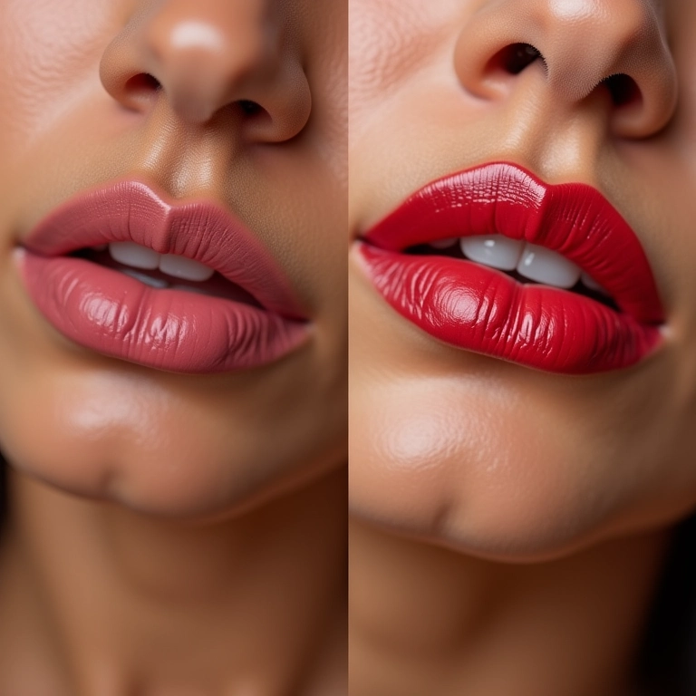 Comparativo de lábios antes e depois do gloss, mostrando efeito de aumento sutil.