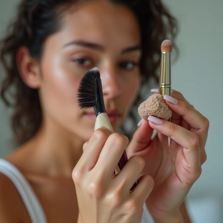 Comparativo de pincel de maquiagem limpo e sujo, demonstrando a importância da limpeza.