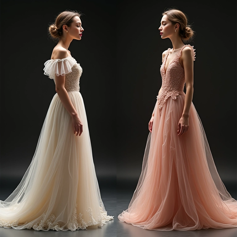 Comparativo entre um vestido de alta-costura e um prêt-à-porter.