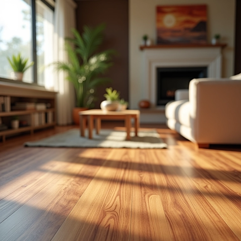 Comparativo visual de pisos laminados e vinílicos em uma sala de estar aconchegante.