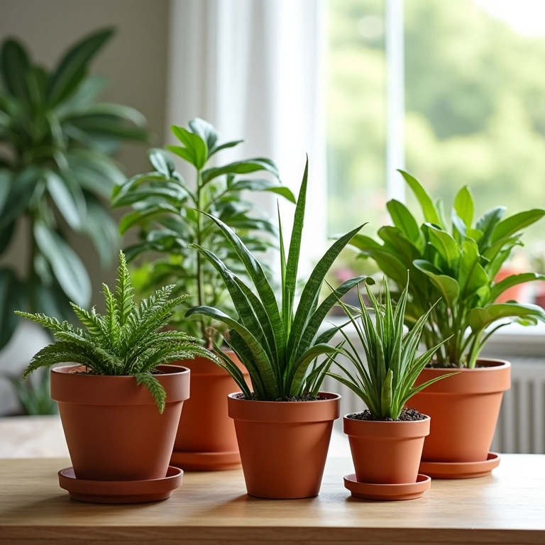 Composição criativa de vasos de plantas em uma sala de estar.