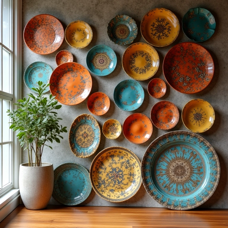 Composição harmônica de pratos de diferentes tamanhos, cores e padrões na parede.