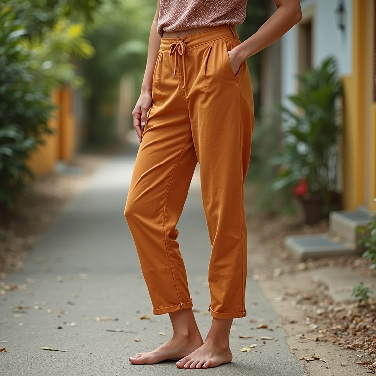 Comprimento ideal da calça clochard, terminando no tornozelo.