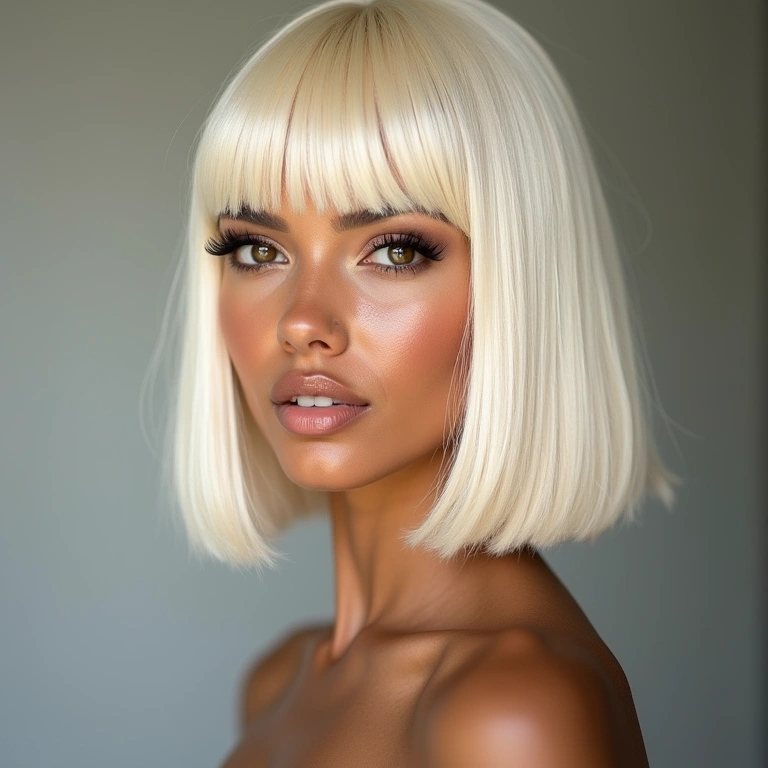 Confident woman with platinum blonde wig, Hollywood glam style, natural lighting, professional Mulher loira platinada com peruca glamourosa.