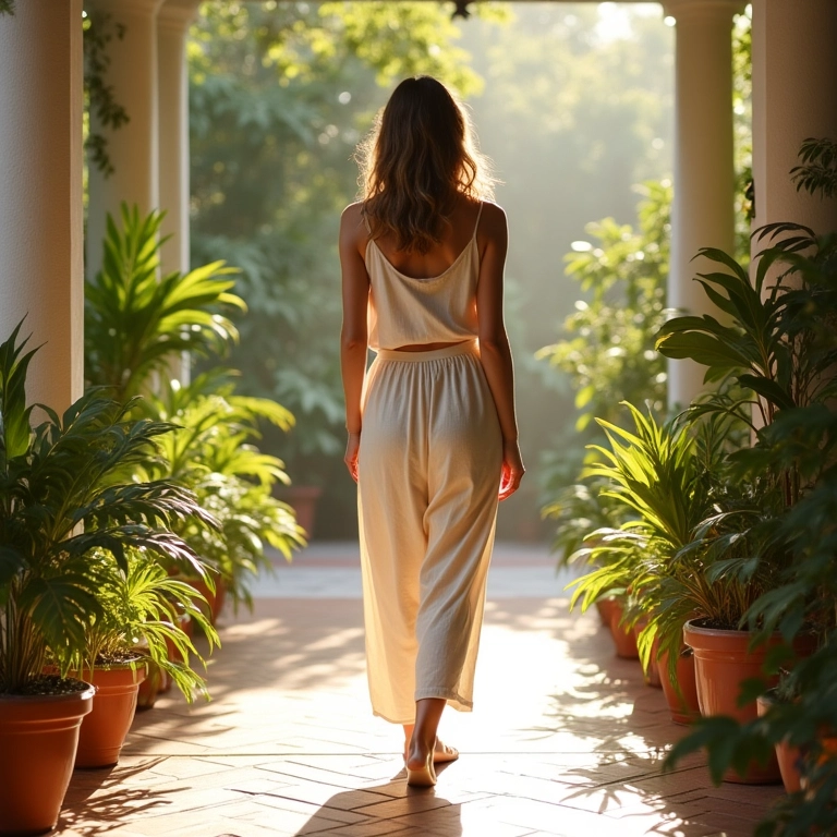 Conjunto de linho leve em varanda ensolarada com design brasileiro.