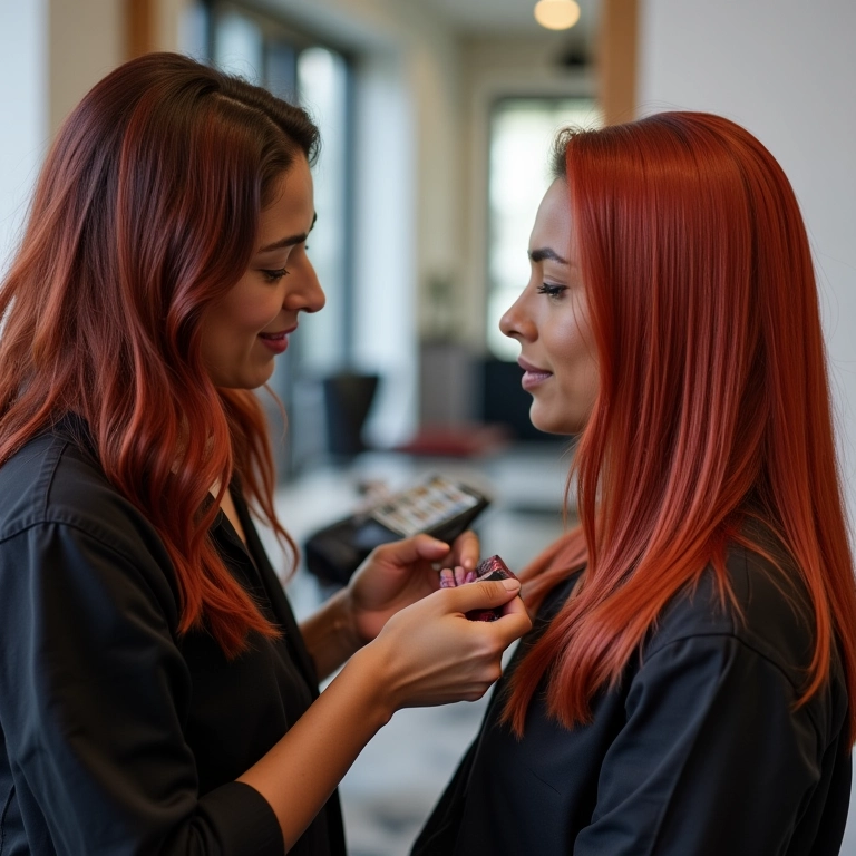 Consulta profissional para cabelo ruivo acobreado em salão.