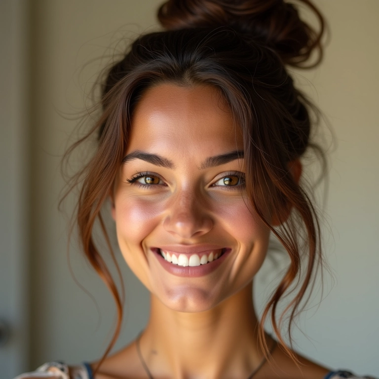 Coque podrinho em cabelo curto castanho, mulher sorrindo em ambiente Farm Rio.