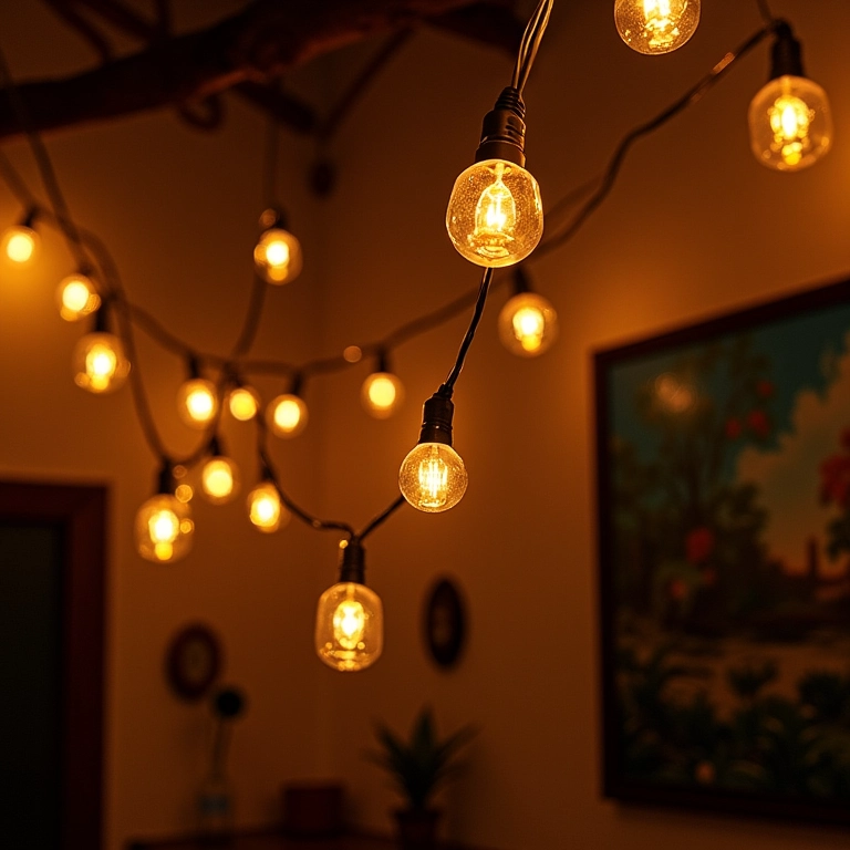 Cordão de luzes decorativas em sala de estar com toque brasileiro.