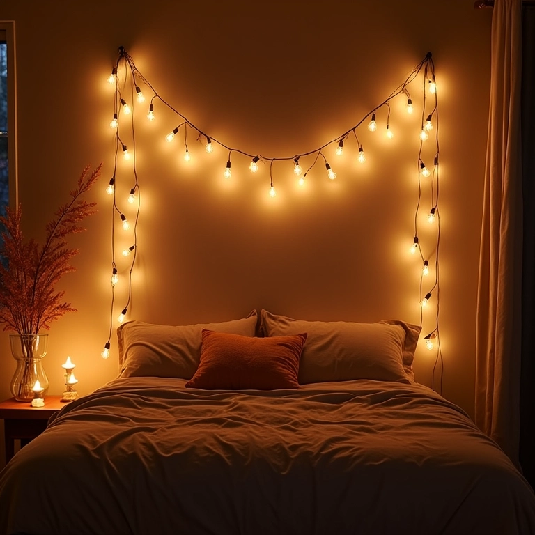 Cordões de luz pendurados adicionando um toque mágico e aconchegante ao quarto.