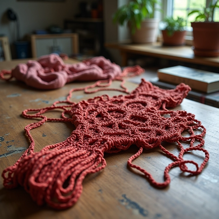 Cordões de macramê de comprimentos diferentes e emaranhados sobre a mesa.