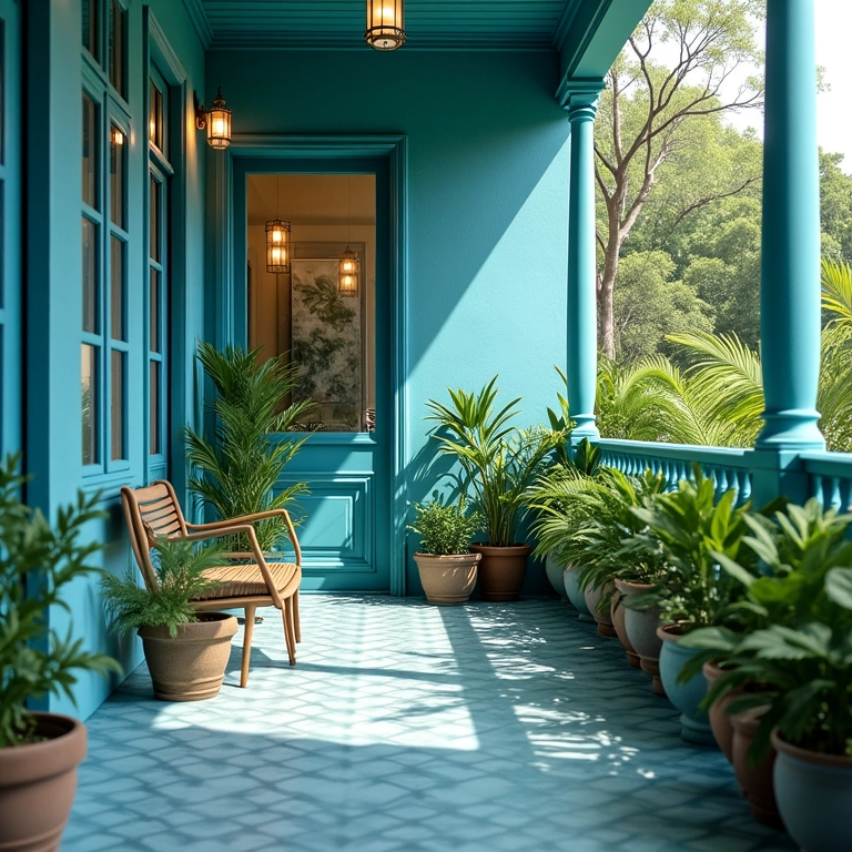 Cores calmantes na decoração de uma sacada.