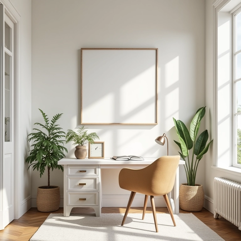 Cores claras ampliando um home office com iluminação natural.
