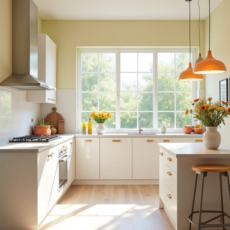 Cores claras e iluminação ampliando o espaço da cozinha americana.