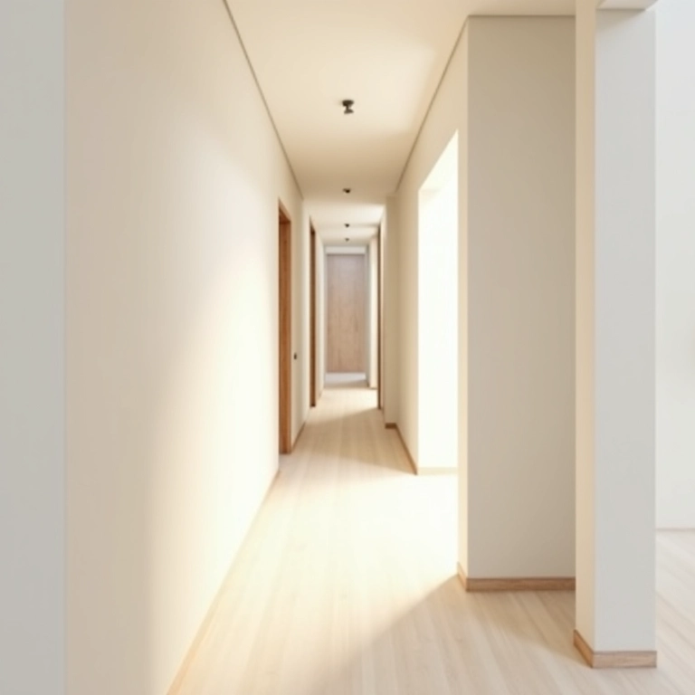 Cores claras e neutras ampliando um corredor estreito.