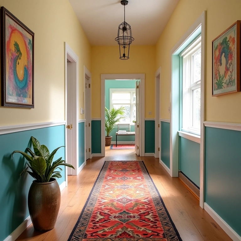 Corredor estreito e sem vida transformado com decoração vibrante e inteligente.