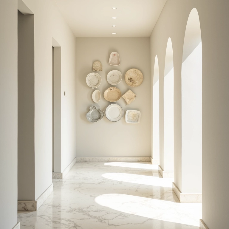 Corredor iluminado com parede decorada com pratos.