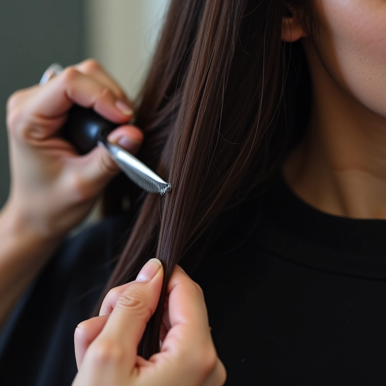 Corte bordado sendo realizado em cabelo longo e escuro, eliminando as pontas duplas.